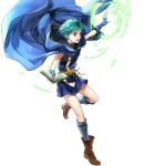  1boy arm_up asbel_(fire_emblem) blue_cape blue_gloves book boots brown_footwear cape fingerless_gloves fire_emblem fire_emblem:_thracia_776 fire_emblem_heroes full_body gloves green_eyes green_hair highres holding holding_book open_mouth short_hair solo transparent_background wada_sachiko 