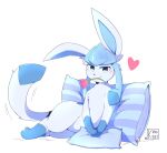  &lt;3 2022 blue_body blue_eyes blue_fur digital_media_(artwork) eeveelution feral flower fur generation_4_pokemon glaceon hi_res kinozel leg_markings markings mouth_hold nintendo open_mouth open_smile pillow plant pokemon pokemon_(species) signature simple_background smile socks_(marking) solo white_background 