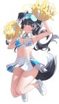  1girl absurdres animal_ears armpits arms_up black_hair blue_archive blue_eyes blush breasts cheerleader cleavage closed_mouth collar commentary dog_ears dog_girl dog_tail full_body goggles goggles_on_head halo hibiki_(blue_archive) hibiki_(cheer_squad)_(blue_archive) highres holding holding_pom_poms kurageumisawa legs_up long_hair looking_at_viewer medium_breasts midair millennium_cheerleader_outfit_(blue_archive) miniskirt navel official_alternate_costume panties pantyshot pleated_skirt pom_pom_(cheerleading) simple_background skirt solo star_sticker sticker_on_face stomach tail thighs underwear white_background white_collar white_footwear white_panties white_skirt yellow_halo 
