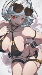  1girl alter_ego_malevolent_(granblue_fantasy) artist_name bikini black_bikini breasts collarbone djeeta_(granblue_fantasy) earrings eyewear_on_head granblue_fantasy grey_background hand_on_own_hip hata4564 highres jewelry large_breasts long_hair looking_at_viewer open_mouth red_eyes simple_background solo sunglasses swimsuit teeth thigh_strap thighs upper_teeth_only white_hair 