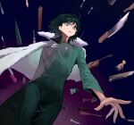 1boy 1girl breasts broom closed_mouth dark_green_hair dress fork fubuki_(one-punch_man) green_dress green_eyes guitar highres instrument jewelry knife large_breasts long_dress necklace object_request one-punch_man pearl_necklace rocket saitama_(one-punch_man) screwdriver solo_focus some1else45 sword tools umbrella utility_knife weapon 