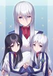  3girls age_difference ascot black_hair blue_shirt character_request grey_eyes grey_hair hair_between_eyes hair_over_eyes highres holding_hands long_bangs long_hair mate_(oktavia1121) multiple_girls open_mouth red_ascot shirt soukyuu_no_fafner straight_hair tagme tatekami_seri white_shirt 