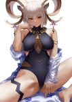  1girl animal_ears ankh_necklace arknights armlet bare_shoulders barefoot black_one-piece_swimsuit breasts cameltoe carnelian_(arknights) carnelian_(shimmering_dew)_(arknights) casual_one-piece_swimsuit cleavage closed_mouth covered_navel dark-skinned_female dark_skin finger_to_mouth gino goat_ears goat_girl goat_horns grey_hair highres horn_ornament horns jewelry large_breasts long_sleeves looking_at_viewer necklace official_alternate_costume one-piece_swimsuit red_eyes see-through short_hair simple_background sitting smile smug solo spread_legs swimsuit thigh_strap white_background 