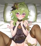  1boy 1girl bed_sheet blush clothes_lift collei_(genshin_impact) dress dress_lift genshin_impact green_hair heartbeat hetero highres pillow purple_eyes sex spread_legs sweat thighhighs tighnari_(genshin_impact) vitashogun 