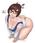  1girl :d absurdres all_fours ass blue_tank_top breasts brown_eyes brown_hair cleavage curvy dismaiden full_body glasses hair_bun hair_ornament hair_stick highres large_breasts looking_up mei_(overwatch) open_mouth overwatch panties red_panties shirt smile solo speech_bubble tank_top thighs thong underwear white_shirt 