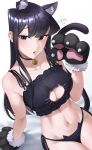  1girl absurdres animal_ear_fluff animal_ears animal_hands arm_support bell black_bra black_choker black_eyes black_hair black_panties bra breasts cat_ears cat_lingerie cat_paws cat_tail choker cleavage_cutout clothing_cutout collarbone hand_up highres jebi jingle_bell komi-san_wa_komyushou_desu komi_shouko large_breasts long_hair looking_at_viewer meme_attire navel neck_bell open_mouth panties paw_pose side-tie_panties sitting solo stomach straight_hair tail underwear 