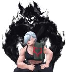  1girl 1other abs absurdres black_pants black_sports_bra commentary commission english_commentary eyebrows_hidden_by_hair grey_hair hair_over_one_eye highres horns muscular muscular_female navel original pants pointy_ears sitting spirit sports_bra towel_on_one_shoulder yami_akane 