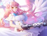  1girl angel_wings backlighting blue_archive blue_ribbon buttons capelet commentary double-breasted dress feathered_wings frilled_dress frills gun hair_bun halo highres holding holding_gun holding_weapon long_hair looking_at_viewer mika_(blue_archive) minzieart neck_ribbon open_mouth pink_hair ribbon single_side_bun smile solo upper_body very_long_hair weapon white_capelet white_dress white_wings window wings yellow_eyes 
