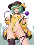  1girl :d absurdres adapted_costume breasts coat contrapposto covered_navel from_below green_eyes green_hair hair_between_eyes half-closed_eyes hat highres komeiji_koishi leotard looking_at_viewer off_shoulder people petite short_hair simple_background small_breasts smile solo touhou yangshangshu yellow_coat 