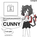  1girl animal_ears artist_name backpack bag cat_ears cat_girl cat_tail collared_shirt commentary crossed_arms cunny_(meme) english_text feet_out_of_frame greyscale jaggy_lines lowres meme miniskirt monochrome neck_ribbon nuelogical oekaki open_mouth original pun randoseru red_ribbon ribbon shirt short_hair short_sleeves simple_background skirt solo spot_color standing tail tail_ornament tail_ribbon white_background 