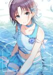  1girl :o arm_support asakura_toru blue_choker blush breasts choker collarbone cropped_shirt earrings gradient_hair hal_ogura highres idolmaster idolmaster_shiny_colors jewelry looking_at_viewer medium_breasts multicolored_hair navel parted_bangs purple_eyes refraction shallow_water short_hair sitting solo stomach thigh_strap viewfinder water 