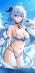  1girl absurdres ahoge bell bikini black_choker blue_hair blue_sky breasts choker cleavage cloud day floating_hair ganyu_(genshin_impact) genshin_impact goat_horns grin highres horns large_breasts long_hair miruku_pan navel neck_bell outdoors purple_eyes scrunchie sky smile solo stomach swimsuit very_long_hair vision_(genshin_impact) wading water wet wrist_scrunchie 