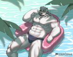 1boy abs absurdres alternate_costume animal_ears arknights bara blue_male_swimwear bulge facial_hair from_above furry furry_male goatee highres large_pectorals leng_xiaoyu looking_at_viewer male_focus male_swimwear mature_male mountain_(arknights) muscular muscular_male navel nipples on_innertube palm_tree pectorals scar scar_across_eye short_hair solo stomach strongman_waist swim_briefs thick_eyebrows thick_thighs thighs tiger_boy tiger_ears topless_male tree tree_shade water white_fur white_hair 