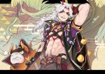  1boy =3 abs animal arataki_itto arm_up belt bodypaint clenched_teeth club_(weapon) cow facepaint genshin_impact highres holding holding_weapon horns japanese_clothes jewelry long_hair looking_at_viewer male_focus multicolored_hair neekosiah oni orange_eyes red_eyes red_hair red_horns spiked_club teeth toned toned_male ushi_(genshin_impact) vision_(genshin_impact) weapon white_hair 