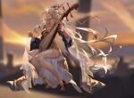  1girl absurdres blurry blurry_background breasts character_request cheese_kang cleavage copyright_request facial_mark forehead_mark full_body highres horns instrument invisible_chair jewelry long_hair medium_breasts music necklace pantyhose pipa_(instrument) playing_instrument red_nails sitting solo very_long_hair white_hair yellow_eyes 