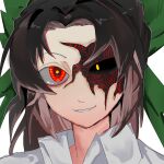  1girl black_sclera black_skin bow brown_hair chinese_commentary collared_shirt colored_sclera colored_skin commentary_request cracked_skin green_bow grin hair_bow highres long_hair looking_at_viewer medium_bangs mismatched_sclera parted_bangs portrait red_eyes reiuji_utsuho shiri_fusang shirt simple_background smile solo touhou white_background white_shirt yellow_pupils 