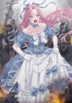  1girl :o blue_dress blue_eyes blue_ribbon blurry blurry_foreground bow dress earrings frilled_dress frills gloves glowing glowing_eyes hair_ribbon highres jewelry looking_at_viewer original outdoors panicking pink_hair red_eyes ribbon skirt_hold unjem utility_pole white_bow white_gloves zombie 