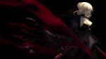  1girl arms_at_sides artoria_pendragon_(fate) black_background black_choker black_dress blonde_hair blurry blurry_foreground braid braided_bun breasts brown_eyes choker chromatic_aberration cleavage closed_mouth collarbone commentary_request cowboy_shot dress excalibur_morgan_(fate) expressionless fate/grand_order fate_(series) film_grain floating_hair from_side hair_bun highres holding holding_sword holding_weapon juliet_sleeves large_breasts long_sleeves looking_ahead narue profile puffy_sleeves saber_alter short_hair sidelocks simple_background single_hair_bun sleeves_past_fingers sleeves_past_wrists solo sword weapon 