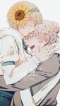  1boy 1girl absurdres affectionate artist_name axis_powers_hetalia blonde_hair blue_bow blue_bowtie blue_pants blush bow bowtie breasts closed_eyes coat dated facing_another fermium.ice flower flower_wreath grey_coat grey_hair hair_flower hair_ornament hairband happy head_wreath highres hug kiss kissing_forehead large_breasts long_sleeves open_mouth pants profile russia_(hetalia) scarf shirt short_hair signature simple_background sunflower ukraine_(hetalia) upper_body white_background white_scarf white_shirt 