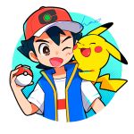  1boy ;d ash_ketchum black_hair blue_vest border bright_pupils brown_eyes commentary_request green_background hand_up hao_(00hao00) hat holding holding_poke_ball male_focus on_shoulder one_eye_closed open_mouth pikachu poke_ball poke_ball_(basic) pokemon pokemon_(anime) pokemon_(creature) pokemon_journeys pokemon_on_shoulder shirt short_sleeves signature smile t-shirt vest white_border white_pupils white_shirt 