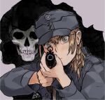  1girl blonde_hair braid death espedraws finland finnish_army green_eyes gun hat highres holding holding_gun holding_weapon military military_hat military_uniform original rifle side_braid simple_background skull uniform weapon world_war_ii 