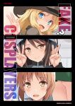  3girls blonde_hair blue_eyes blue_headwear blue_jacket blush brown_eyes brown_hair closed_mouth commentary_request content_rating cover cover_page cowboy_shot double_v doujin_cover english_text fang girls_und_panzer green_skirt grey_headwear highres jacket kay_(girls_und_panzer) keizoku_military_uniform long_hair looking_at_viewer looking_back mika_(girls_und_panzer) multiple_girls nakamura_yukitoshi nishizumi_miho ooarai_school_uniform open_mouth partial_commentary pleated_skirt school_uniform shirt short_hair skirt smile tulip_hat v white_shirt 