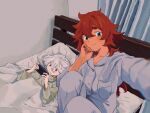  2girls blue_eyes blue_pajamas blue_pants blue_shirt blush closed_mouth collared_shirt curtains green_shirt grey_eyes grey_hair gundam gundam_suisei_no_majo hair_between_eyes hand_on_own_cheek hand_on_own_face highres holding holding_phone indoors knees_up long_hair long_sleeves looking_at_phone looking_at_viewer lying miorine_rembran multiple_girls on_back on_bed outstretched_arm pajamas pants phone pillow red_hair shirt sitting smile suletta_mercury taking_picture tanutotomato under_covers 