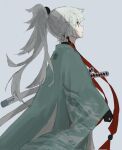 1girl closed_mouth commentary_request fate/samurai_remnant fate_(series) fgo39625963 from_side green_eyes grey_background grey_hair haori highres japanese_clothes katana kimono long_hair ponytail profile shadow sheath sheathed simple_background solo sword very_long_hair weapon wide_sleeves yui_shousetsu_(fate) 