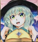  1girl 283win absurdres acrylic_paint_(medium) black_headwear breasts commentary_request green_eyes green_hair highres komeiji_koishi looking_at_viewer open_mouth painting_(medium) photo_(medium) shikishi solo teeth touhou traditional_media upper_body upper_teeth_only 
