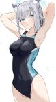  1girl animal_ear_fluff animal_ears armpits arms_behind_head arms_up bare_shoulders blue_archive blue_eyes blue_one-piece_swimsuit blush breasts collarbone covered_navel cross_hair_ornament extra_ears grey_hair hair_ornament halo highleg highleg_swimsuit highres looking_at_viewer medium_breasts medium_hair multicolored_clothes multicolored_swimsuit norisukexxy one-piece_swimsuit shiroko_(blue_archive) shiroko_(swimsuit)_(blue_archive) short_ponytail sidelocks solo swimsuit thighs wet wolf_ears 