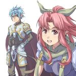  1boy 1girl :d blue_eyes breasts cape closed_mouth gloves hair_ribbon highres kaien_advance long_hair looking_at_viewer millie_chliette open_mouth pink_eyes pink_hair pointy_ears ponytail ribbon roddick_farrence simple_background smile star_ocean star_ocean_first_departure tail white_background 