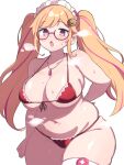  1girl :o arm_behind_back bikini blonde_hair breasts cowboy_shot glasses jewelry long_hair looking_at_viewer maid_headdress mole mole_on_breast mole_on_stomach mole_under_eye multicolored_hair necklace original plump red-framed_eyewear red_bikini semi-rimless_eyewear shigatsu_shizuki sidelocks simple_background skindentation standing steam streaked_hair sweat swimsuit thick_thighs thighhighs thighs twintails white_background white_thighhighs 