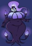  anthro areola bee-unit belly_overhang big_breasts black_clothing black_dress blue_areola blue_background blue_body breasts chandelure clothed clothing dress eyelashes female generation_5_pokemon hi_res huge_breasts looking_at_viewer love_handles navel_outline nintendo overweight overweight_anthro overweight_female pokemon pokemon_(species) pokemorph simple_background small_head solo standing thick_thighs wide_hips yellow_eyes 