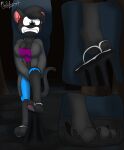  anthro black_body black_fur bottomwear clothing feet felid feline female foot_focus footwear frustrated fur green_eyes hi_res jacket mammal midriff mrsilveralpha mud sandals seena_(steve_and_friends) solo steve_and_friends struggling stuck topwear 