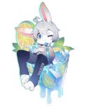  anthro barefoot beverage blue_clothing blue_eyes blue_legwear chibi clothed clothing emolga_1 feet grey_clothing grey_hair grey_topwear hair hi_res lagomorph legwear leporid long_ears looking_at_viewer male mammal micro one_eye_closed open_mouth rabbit short_hair simple_background solo topwear white_background white_body 