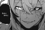  1girl close-up commentary crossed_bangs derivative_work greyscale hair_ornament highres hololive hololive_english kukie-nyan manga_panel_redraw mismatched_sclera mococo_abyssgard monochrome parody scene_reference smile solo speech_bubble tokyo_ghoul x_hair_ornament 