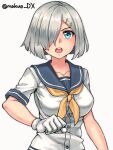  1girl blue_eyes breasts clenched_hand commentary_request gloves grey_hair hair_ornament hair_over_one_eye hairclip hamakaze_(kancolle) highres kantai_collection looking_at_viewer maakun_(makun_dx) medium_breasts neckerchief one-hour_drawing_challenge open_mouth sailor_collar shirt short_hair short_sleeves simple_background solo teeth twitter_username upper_body upper_teeth_only white_background white_gloves white_shirt yellow_neckerchief 
