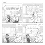  2023 anthro bodily_fluids canid canine canis clothing comic detailed_background domestic_dog duo english_text hi_res humanoid_hands inside lukehealy male mammal overweight overweight_male shirt sitting sweat text topwear 