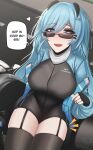  1girl absurdres biker_clothes bikesuit black_bikesuit black_garter_straps black_gloves black_thighhighs blue_hair blue_jacket blue_nails bodysuit breasts english_text fingerless_gloves garter_straps glasses gloves hair_between_eyes hair_ornament heart highres jacket large_breasts logo long_hair mikuneki on_motorcycle open_mouth original road scarf semi-rimless_eyewear sitting solo speech_bubble thighhighs white_scarf 