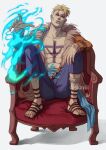  1boy anchor_tattoo armchair artist_name bare_pectorals blonde_hair blue_fire chair chest_tattoo closed_mouth english_commentary fire full_body knees_up looking_at_viewer male_focus marco_(one_piece) mohawk one_piece open_clothes pectorals pubic_tattoo short_hair sid_(skxviii) sitting solo tattoo 