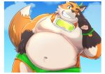  2023 absurd_res anthro belly big_belly canid canine cloud fox hi_res humanoid_hands iyo_(tamacolle) kemono male mammal moobs navel nazebesu_hobby one_eye_closed outside overweight overweight_male solo tamacolle wink 