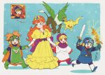  2girls 3boys armor belt blonde_hair blue_eyes blue_gloves blue_headwear blue_tunic blunt_bangs boots cape closed_mouth curly_hair dragon_quest dragon_quest_i dragon_quest_ii drakee dress elbow_gloves evil_hawk fake_horns female_child floating full_body gloves goggles goggles_on_headwear green_eyes green_footwear green_gloves griffin hands_up helmet hero_(dq1) holding holding_hands holding_weapon hood horns jewelry juliet_sleeves long_hair long_sleeves looking_at_another male_child monster multiple_boys multiple_girls necklace open_mouth orange_cape orange_hair prince prince_of_lorasia prince_of_samantoria princess princess_laura princess_of_moonbrook puffy_sleeves purple_footwear purple_headwear purple_ribbon red_cape red_eyes red_gloves ribbon robe running sash shoulder_armor smile spiked_hair tiara v walking weapon white_footwear white_gloves white_robe wide_sleeves yellow_dress yuza 