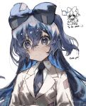  1girl adapted_costume blue_bow blue_eyes blue_hair blue_necktie bow commeowdore debt hair_between_eyes hair_bow highres long_hair looking_at_viewer necktie simple_background solo touhou very_long_hair white_background yorigami_shion 