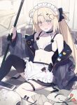  1girl apron artoria_caster_(fate) artoria_pendragon_(alter_swimsuit_rider)_(fate) artoria_pendragon_(alter_swimsuit_rider)_(fate)_(cosplay) artoria_pendragon_(alter_swimsuit_rider)_(second_ascension)_(fate) artoria_pendragon_(fate) bikini bikini_top_only black_bikini blonde_hair braid bridal_garter choker cosplay fate/grand_order fate/stay_night fate_(series) french_braid frilled_bikini frilled_choker frills highres holding holding_staff hood hoodie jacket looking_at_viewer maid_bikini maid_headdress mop navel open_clothes open_hoodie saipaco single_thighhigh solo staff swimsuit thighhighs waist_apron yellow_eyes 