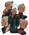  arm_behind_back arrow_(symbol) asticassia_school_uniform blonde_hair blue_eyes closed_eyes closed_mouth dark-skinned_male dark_skin expressions green_jacket grgrton gundam gundam_suisei_no_majo hand_on_own_chin highres jacket long_sleeves multiple_views official_alternate_hairstyle open_mouth school_uniform shaddiq_zenelli simple_background smile sweatdrop upper_body white_background 