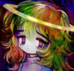  1girl blonde_hair blue_background blue_shirt bright_pupils closed_mouth dot_nose eyeliner green_hair hair_between_eyes halo highres kitoral long_hair looking_at_viewer makeup messy_hair multicolored_hair multicolored_shirt orange_hair original portrait psychedelic purple_eyes purple_shirt shirt solo white_pupils white_shirt yellow_halo 