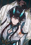  1boy armpits arms_up black_gloves black_hair chain chinese_clothes closed_mouth commentary dan_heng_(honkai:_star_rail) dan_heng_(imbibitor_lunae)_(honkai:_star_rail) detached_sleeves dragon_boy dragon_horns earrings fingerless_gloves gloves green_eyes green_horns hair_between_eyes honkai:_star_rail honkai_(series) horns jewelry kanapy long_hair long_sleeves looking_at_viewer male_focus pectoral_cleavage pectorals pointy_ears red_eyeliner single_bare_shoulder solo symbol-only_commentary upper_body v-shaped_eyebrows wide_sleeves 