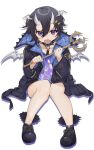  1boy absurdres ankle_boots armband black_armband black_collar black_footwear black_hair black_jacket boots collar demon_boy demon_wings devil_janai_mon_(vocaloid) double-parted_bangs fangs full_body fur-trimmed_boots fur_trim hair_between_eyes hair_ornament hairclip handprint head_wings highres holding holding_wand holostars hood hood_down horns invisible_chair jacket kanade_izuru knees_together_feet_apart lightning_bolt_hair_ornament lightning_bolt_symbol looking_at_viewer male_focus oni_horns open_clothes open_jacket open_mouth padded_jacket polearm purple_eyes purple_shirt sanbo_(apple_1020) shirt short_hair short_shorts shorts simple_background sitting slit_pupils spiked_collar spikes straight-on trident two-sided_fabric two-sided_jacket virtual_youtuber wand weapon white_background white_horns white_wings wings 