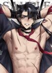  1boy abs absurdres animal_ears armpits aussummer bara bare_pectorals black_hair bound clenched_teeth dog_ears genshin_impact grey_hair hair_between_eyes highres kemonomimi_mode looking_at_viewer loose_necktie lying male_focus multicolored_hair necktie nipples on_back partially_undressed pectorals red_necktie ribbon ribbon_bondage short_hair solo spread_legs stomach streaked_hair teeth thick_eyebrows toned toned_male upper_body wriothesley_(genshin_impact) 