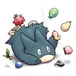  &gt;_&lt; berry_(pokemon) claws ekir_tutu enigma_berry fangs hondew_berry leppa_berry mago_berry motion_lines munchlax no_humans oran_berry pecha_berry pokemon pokemon_(creature) sitrus_berry solo tamato_berry tripping white_background 